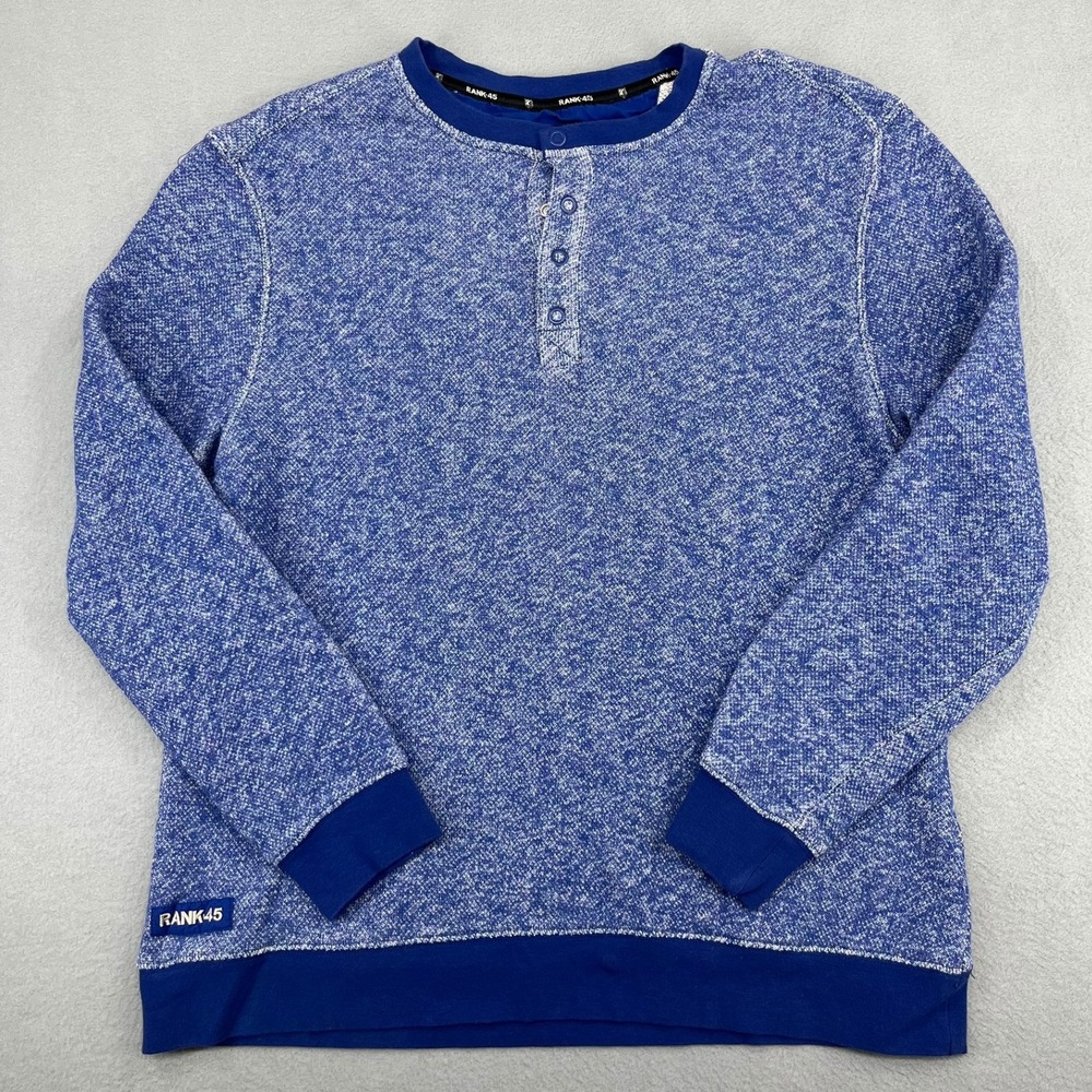Rank 45 Mens Blue Marled Henley Sweatshirt Long Sleeve Cotton Pullover Large